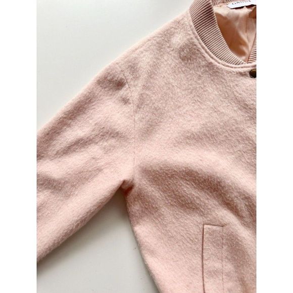 GANNI Inglewood Rose Smoke Pink Furry Wool Blend Varsity Bomber Jacket, Size L - Picture 9 of 15